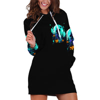 Black hoodie dress with hood, long sleeves, front pocket, and blue skull graphic