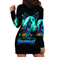 Black hoodie dress with hood, long sleeves, and blue skull Halloween graphic