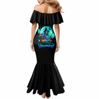 Off-shoulder black mermaid Halloween dress with ruffled neckline and teal skull print