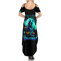 Black women's maxi dress with off-shoulder cutouts and colorful skull Halloween graphic