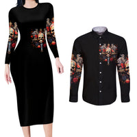 Black long-sleeve bodycon dress and black button-up shirt with skull rose front graphic