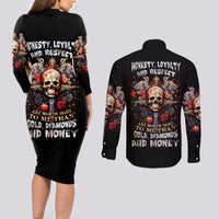 Black long-sleeve bodycon dress and black button-up shirt with skull, roses, back text print