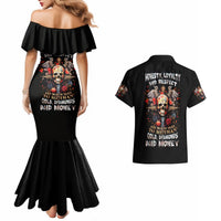 Black off-shoulder mermaid dress with ruffled neckline and skull graphic print