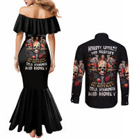 Black off-shoulder mermaid dress with skull graphic; black long-sleeve button shirt, back print