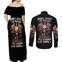 Cross Skull Couples Matching Off Shoulder Maxi Dress and Long Sleeve Button Shirts Honesty Loyalty And Respect Worth More Than Gold, Diamond - Wonder Print Shop