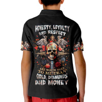Kids black polo shirt with back skull-and-cross graphic and red decorative text