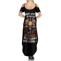 Black cold-shoulder maxi dress with skull and rose graphic, short sleeve openings