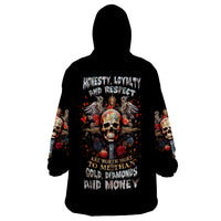 Black wearable blanket hoodie, hooded back with skull graphic and honesty loyalty respect text