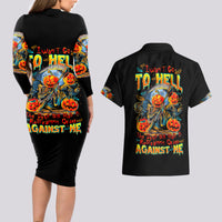Pumpkin Skull Couples Matching Long Sleeve Bodycon Dress and Hawaiian Shirt I Wan't Go To Hell The Devil Still Restraining Against Me - Wonder Print Shop