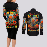 Pumpkin Skull Couples Matching Long Sleeve Bodycon Dress and Long Sleeve Button Shirts I Wan't Go To Hell The Devil Still Restraining Against Me - Wonder Print Shop