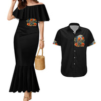 Black off-shoulder mermaid dress with ruffle top and pumpkin skull, matching black short-sleeve shirt