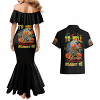 Black off-shoulder mermaid dress with pumpkin skull graphic and matching black Hawaiian shirt