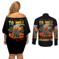 Pumpkin Skull Couples Matching Off Shoulder Short Dress and Long Sleeve Button Shirts I Wan't Go To Hell The Devil Still Restraining Against Me - Wonder Print Shop