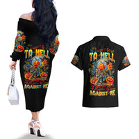 Pumpkin Skull Couples Matching Off The Shoulder Long Sleeve Dress and Hawaiian Shirt I Wan't Go To Hell The Devil Still Restraining Against Me - Wonder Print Shop