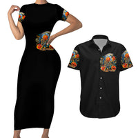 Pumpkin Skull Couples Matching Short Sleeve Bodycon Dress and Hawaiian Shirt I Wan't Go To Hell The Devil Still Restraining Against Me - Wonder Print Shop