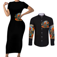 Pumpkin Skull Couples Matching Short Sleeve Bodycon Dress and Long Sleeve Button Shirts I Wan't Go To Hell The Devil Still Restraining Against Me - Wonder Print Shop