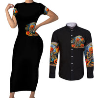 Pumpkin Skull Couples Matching Short Sleeve Bodycon Dress and Long Sleeve Button Shirts I Wan't Go To Hell The Devil Still Restraining Against Me - Wonder Print Shop