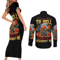 Pumpkin Skull Couples Matching Short Sleeve Bodycon Dress and Long Sleeve Button Shirts I Wan't Go To Hell The Devil Still Restraining Against Me - Wonder Print Shop