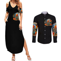 Black maxi dress and black long-sleeve button shirt set with colorful devil pumpkin print, front views.