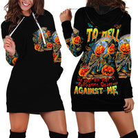 Black hoodie dress shown front and back, with colorful pumpkin-skull 'TO HELL' art