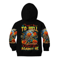 Black zip hoodie with large pumpkin skull devil graphic and colorful back text