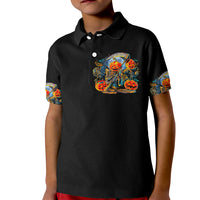 Kids black polo shirt with colorful front skull graphic, short sleeves