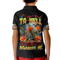 Kids black polo shirt with colorful back graphic and text, short sleeves