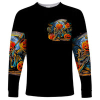 Pumpkin Skull Long Sleeve Shirt I Wan't Go To Hell The Devil Still Restraining Against Me - Wonder Print Shop