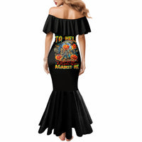 Black off-shoulder mermaid dress with ruffled neckline and colorful skull graphic