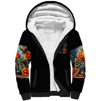 Black sherpa-lined hoodie, open hood shows white lining; colorful sleeve pumpkin graphics