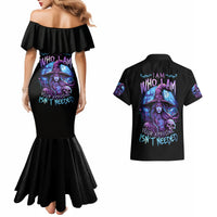 Black off-shoulder mermaid maxi dress with ruffled neckline and witch skull graphic