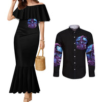 Black off-shoulder mermaid dress and long-sleeve button shirt set with witch skull art