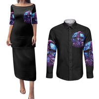 Black off-shoulder knee-length dress and black long-sleeve button shirt with purple witch art