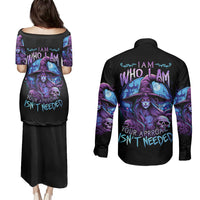 Black off-shoulder maxi dress and long-sleeve button shirt with purple witch print