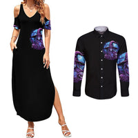 Black V-neck maxi dress and long-sleeve button shirt with purple witch skull print