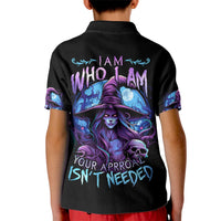 Kids black polo shirt with purple witch and skull graphic, back view