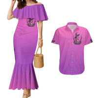 Off-shoulder purple mermaid maxi dress with front skull graphic; purple short-sleeve button-up