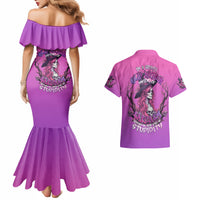 Off-shoulder purple mermaid maxi dress with skull graphic print; shirt back print