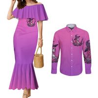 Purple off-shoulder mermaid dress and purple long-sleeve button shirt with skull witch art