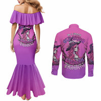 Purple off-shoulder mermaid dress with witch skull print; purple long-sleeve button shirt