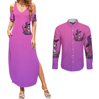 Purple witch skull graphic maxi dress and long-sleeve button shirt, front views set