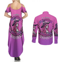 Purple witch skull graphic maxi dress and long-sleeve button shirt, back views set