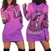 Pink hoodie dress with witch graphic, drawstring hood, and kangaroo pocket detail