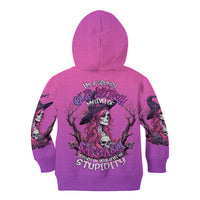 Pink kids pullover hoodie with witch and skull graphic on back and sleeves