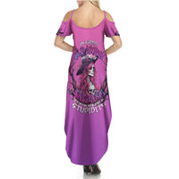 Pink off-shoulder maxi dress with witch skull graphic, short sleeve cutouts and scoop back