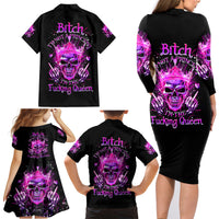 Queen Skull Family Matching Long Sleeve Bodycon Dress and Hawaiian Shirt Bitch I'm Not A Princess I'm The Fucking Queen - Wonder Print Shop