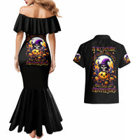 Black off-shoulder mermaid dress and black button-up shirt with colorful skull pumpkin back print