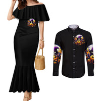 Black fitted mermaid dress with off-shoulder ruffle and skull pumpkin graphic; black button shirt