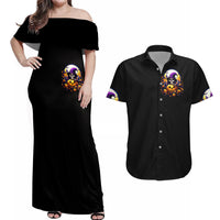 Pumpkin Witch Skull Couples Matching Off Shoulder Maxi Dress and Hawaiian Shirt In My Defense The Moon Was Full And I Was Left Unsupervided - Wonder Print Shop