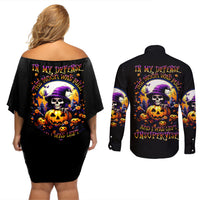 Pumpkin Witch Skull Couples Matching Off Shoulder Short Dress and Long Sleeve Button Shirts In My Defense The Moon Was Full And I Was Left Unsupervided - Wonder Print Shop
